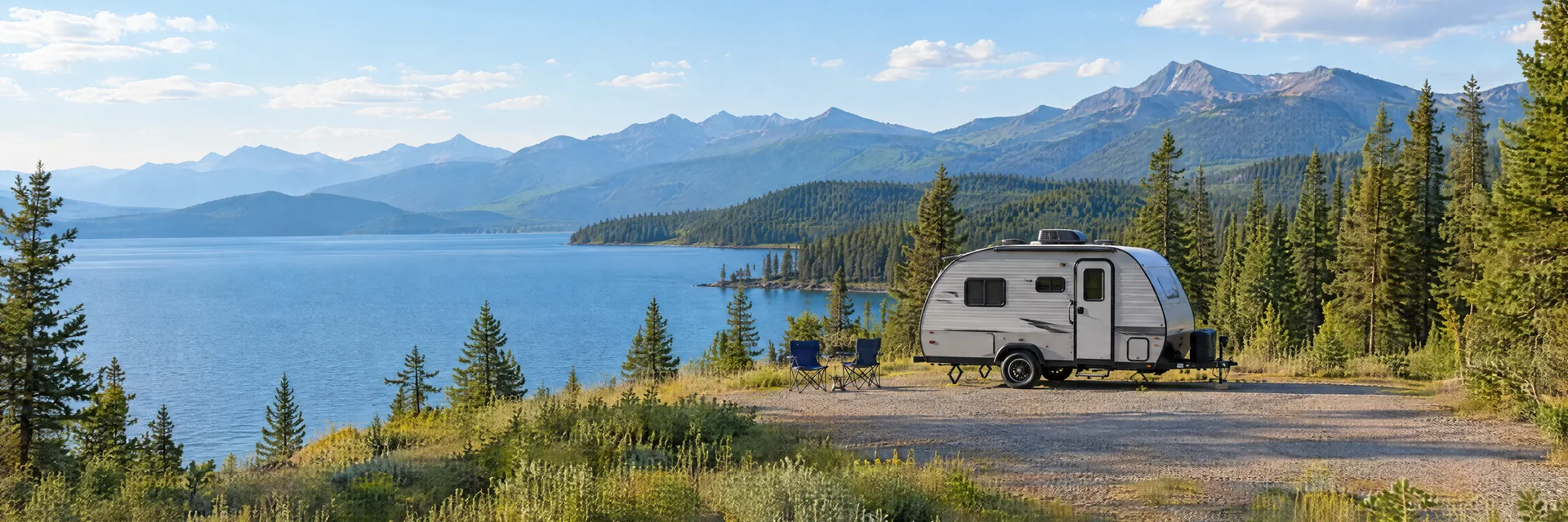 Illustration of a compact travel trailer at a fictional camping setting inspired by Finley Point, MT.