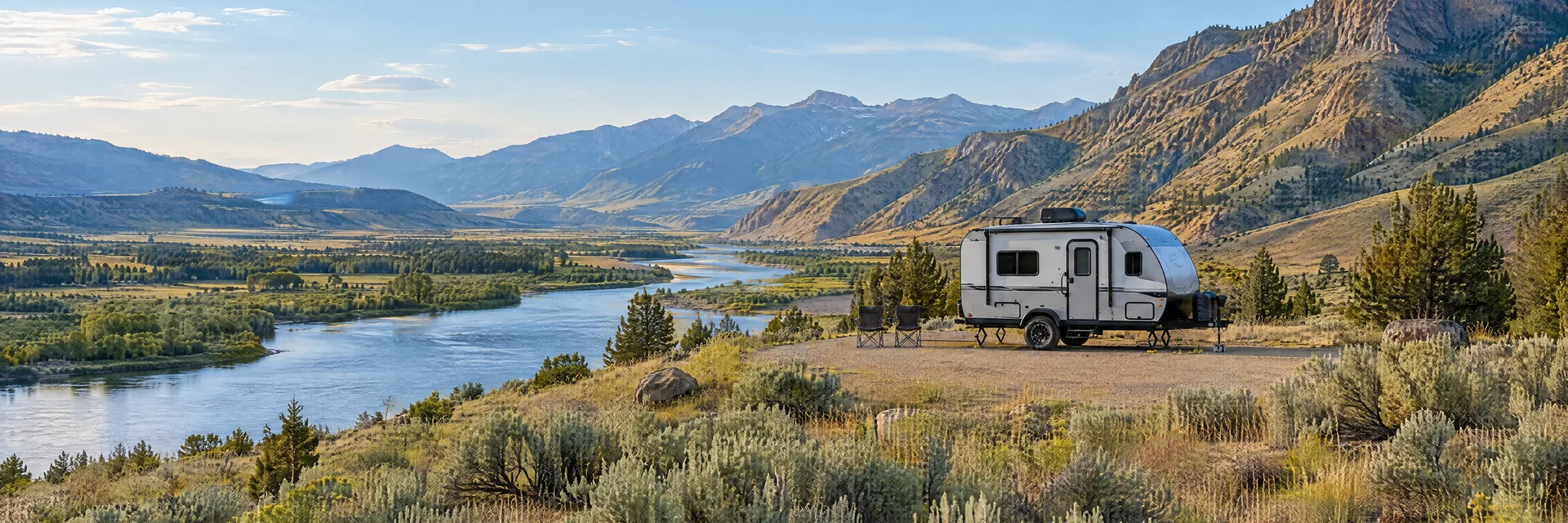 Illustration of a compact travel trailer at a fictional camping setting inspired by Gardiner, MT.