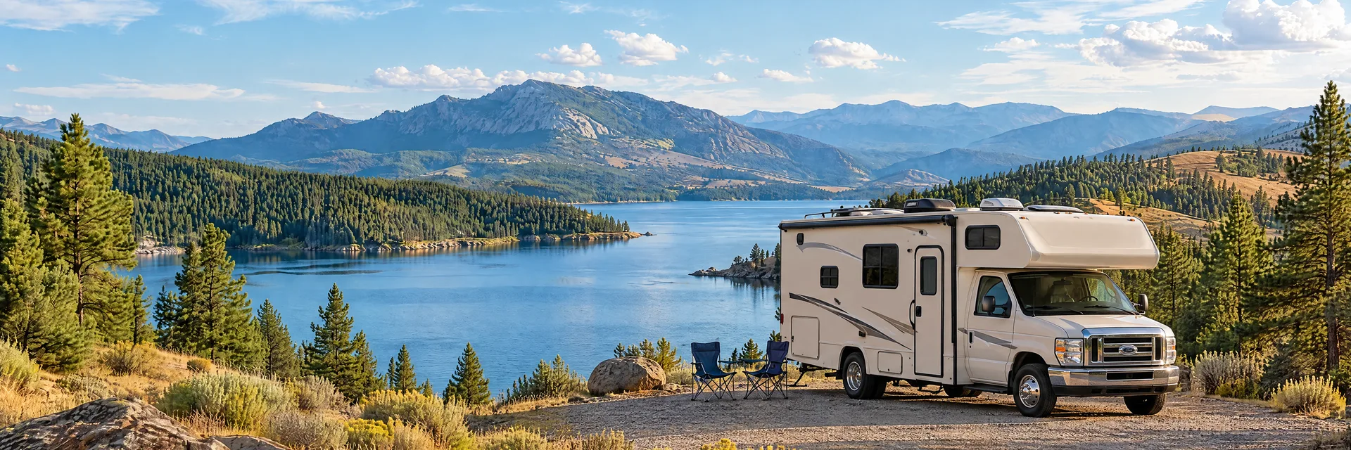 Illustration of a cream Class C motorhome with a modest overcab bunk at a fictional camping setting inspired by Helena, MT.