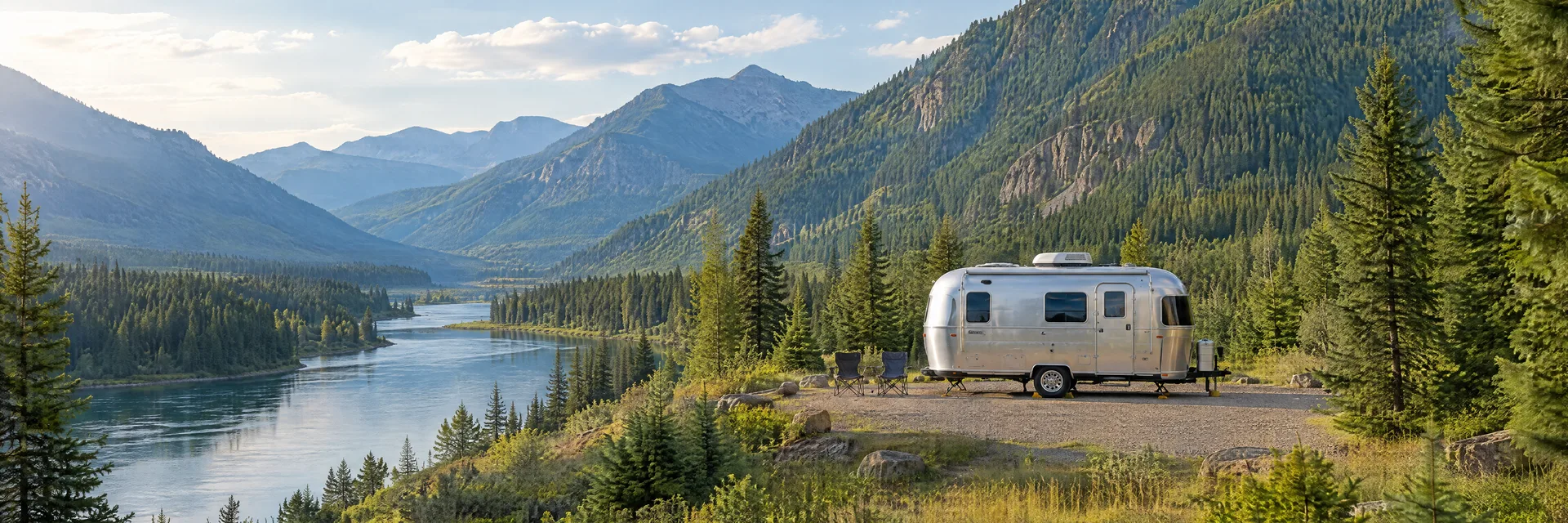 Illustration of a rounded silver travel trailer at a fictional camping setting inspired by Libby, MT.