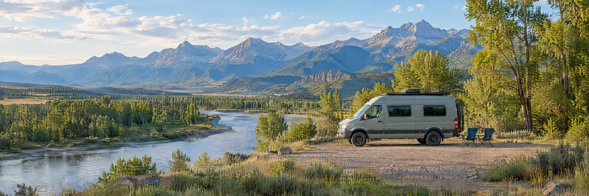 Illustration of a camper van at a fictional camping setting inspired by Livingston, MT.