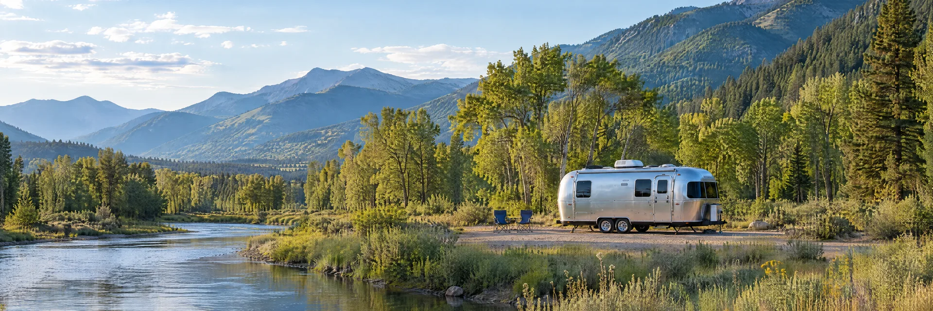 Illustration of a rounded silver travel trailer at a fictional camping setting inspired by Missoula, MT.