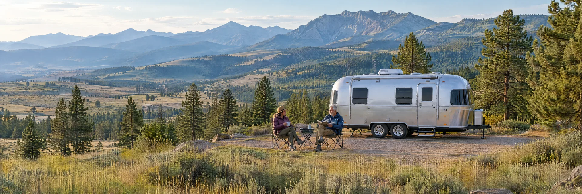Illustration of campers enjoying relaxing at camp beside a rounded silver travel trailer in a fictional camping setting inspired by Ponderosa Pines, MT.