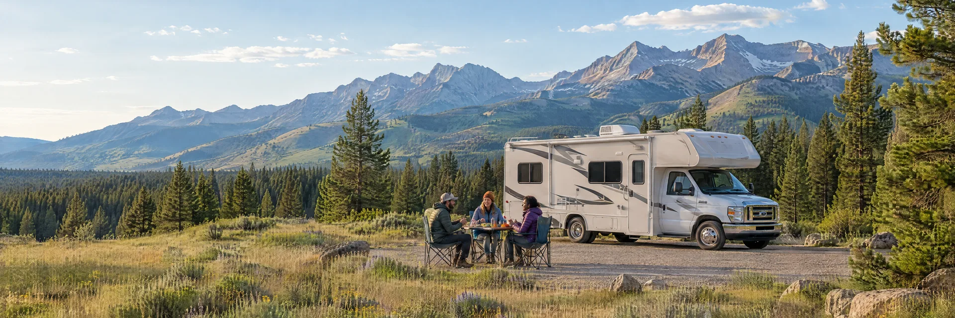 Illustration of campers enjoying an outdoor meal beside a Class C motorhome in a fictional camping setting inspired by Red Lodge, MT.