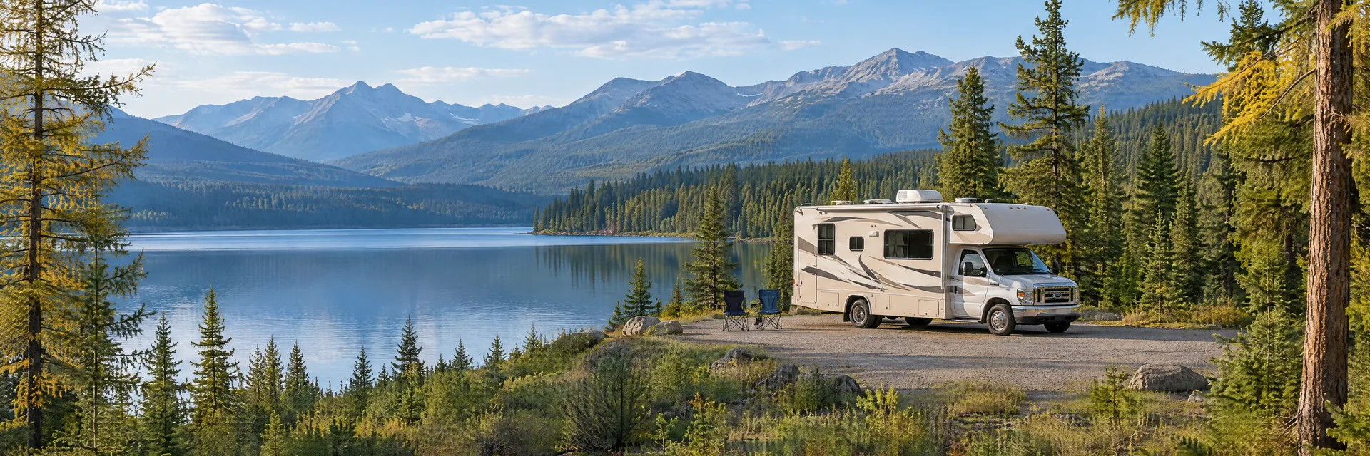 Illustration of a Class C motorhome at a fictional camping setting inspired by Seeley Lake, MT.