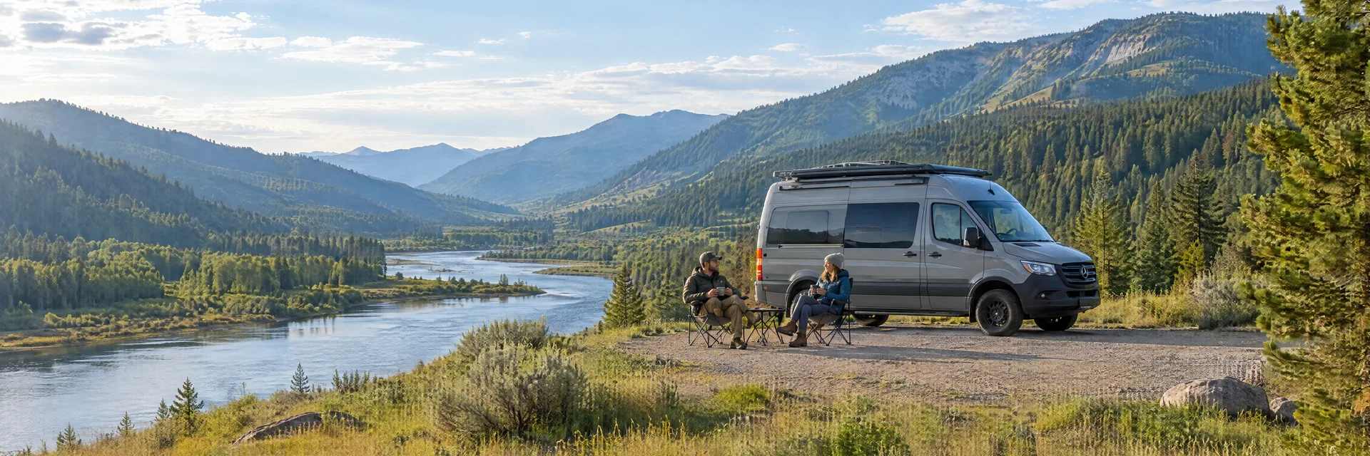 Illustration of campers enjoying morning coffee beside a camper van in a fictional camping setting inspired by St. Regis, MT.