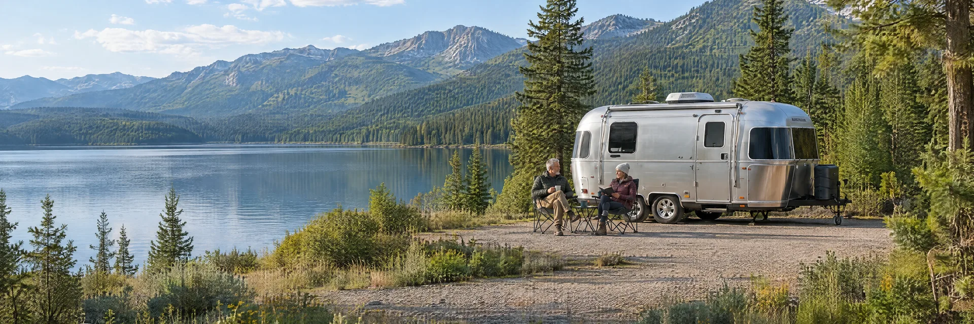 Illustration of campers enjoying relaxing at camp beside a rounded silver travel trailer in a fictional camping setting inspired by Swan Lake, MT.