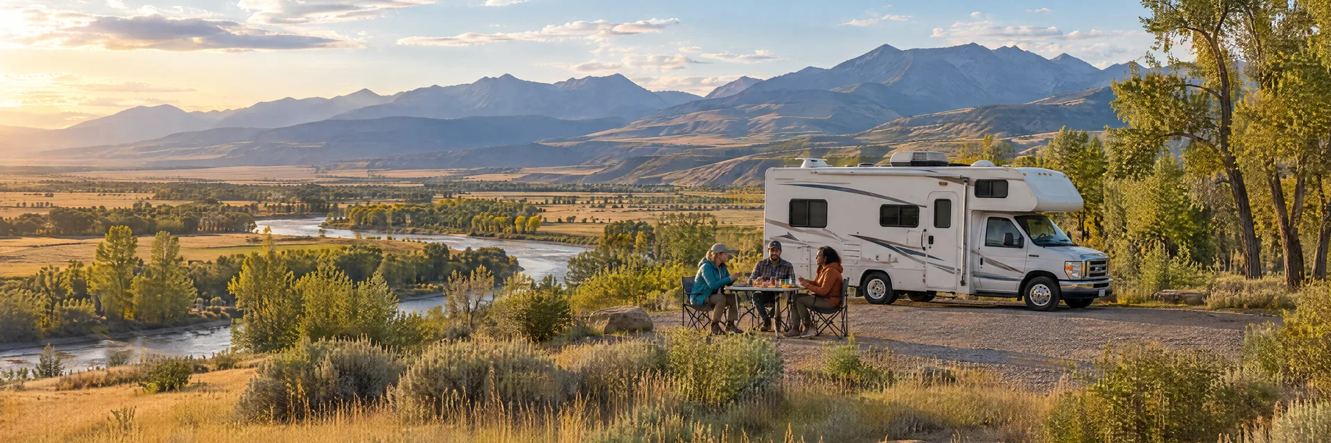 Illustration of campers enjoying an outdoor meal beside a Class C motorhome in a fictional camping setting inspired by Three Forks, MT.