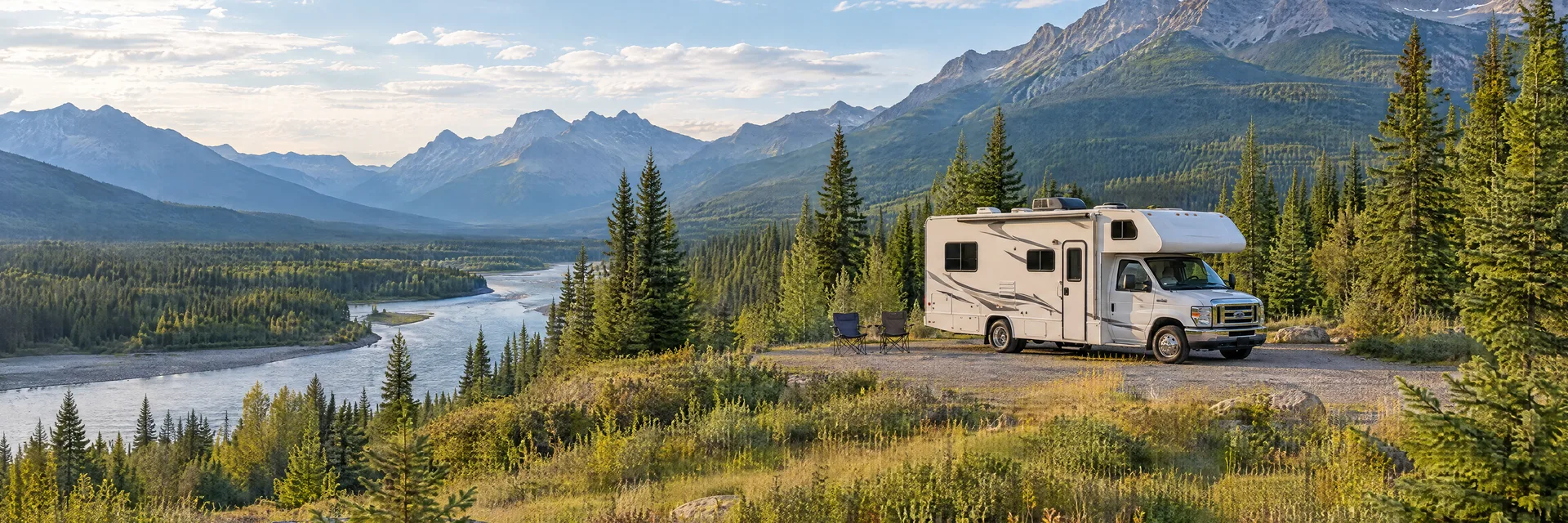 Illustration of a Class C motorhome at a fictional camping setting inspired by West Glacier, MT.