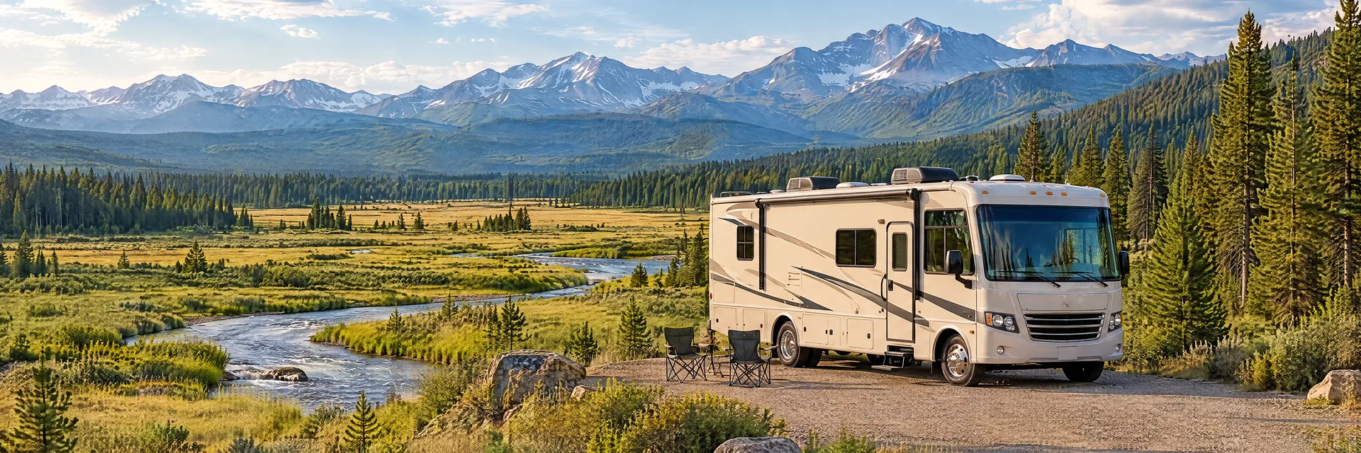 Illustration of a cream Class A motorhome with restrained charcoal trim at a fictional camping setting inspired by West Yellowstone, MT.