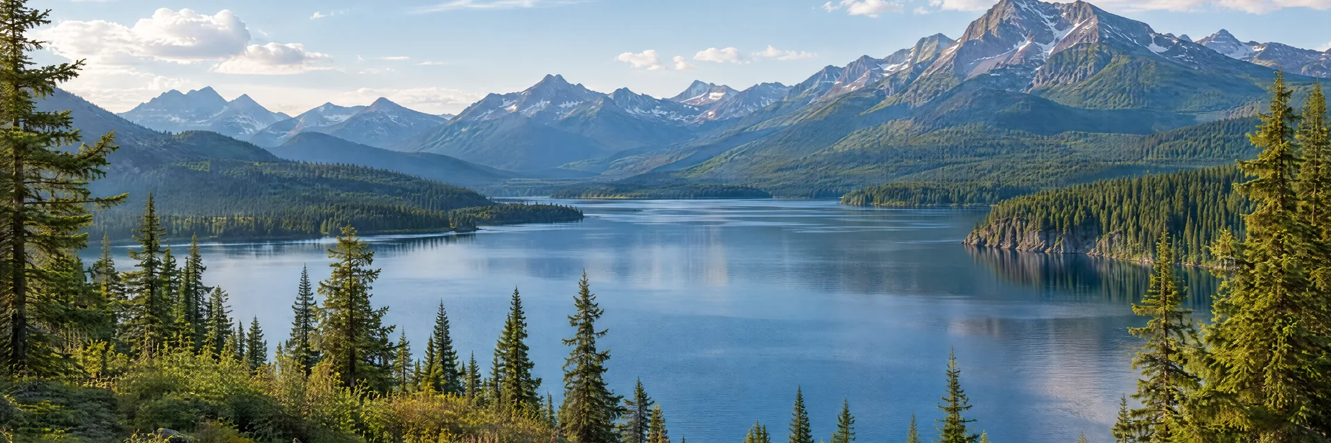 Illustration inspired by Whitefish, MT: northwest Montana mountain lake framed by evergreens and alpine ridges.