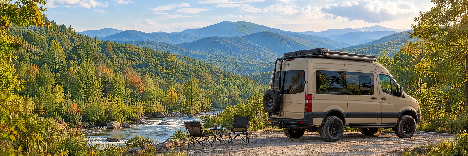 Illustration of a sand-colored rugged campervan at a fictional camping setting inspired by Asheville, NC.
