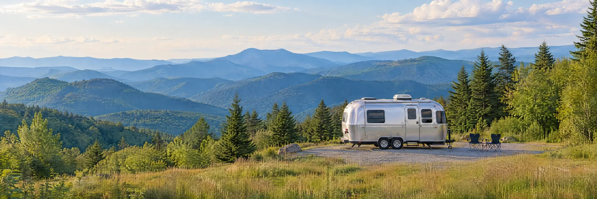 Illustration of a rounded silver travel trailer at a fictional camping setting inspired by Banner Elk, NC.