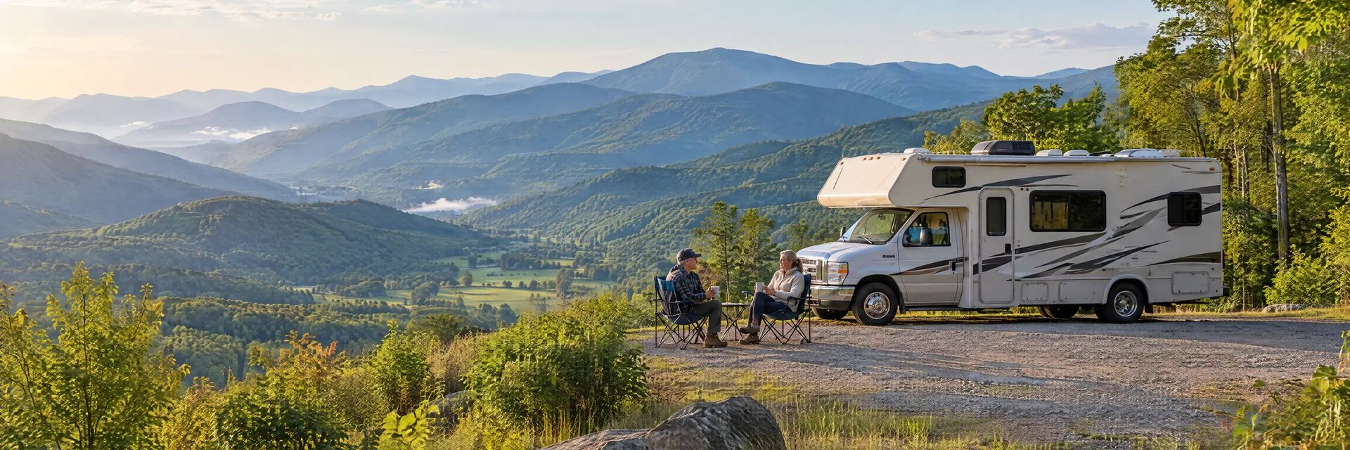 Illustration of campers enjoying morning coffee beside a Class C motorhome in a fictional camping setting inspired by Black Mountain, NC.