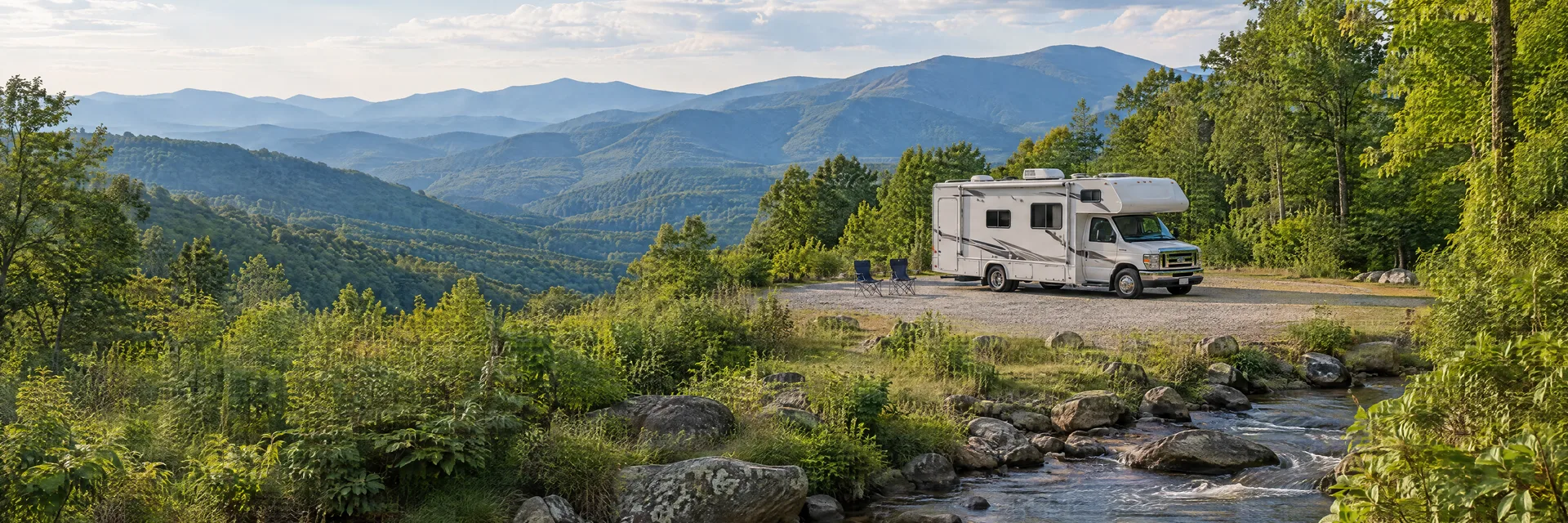 Illustration of a Class C motorhome at a fictional camping setting inspired by Boone, NC.