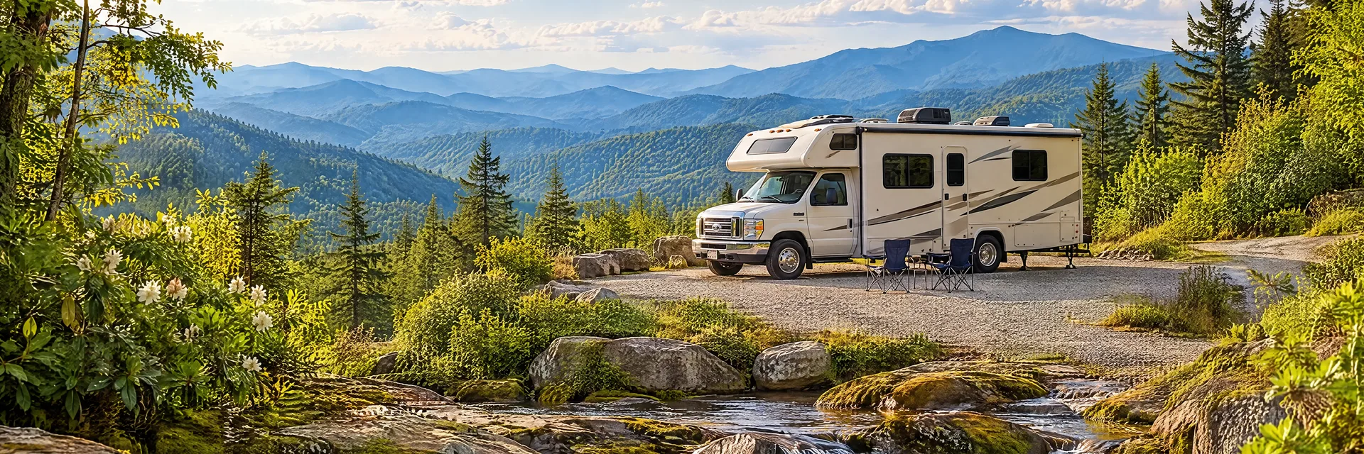 Illustration of a cream Class C motorhome with a modest overcab bunk at a fictional camping setting inspired by Brevard, NC.