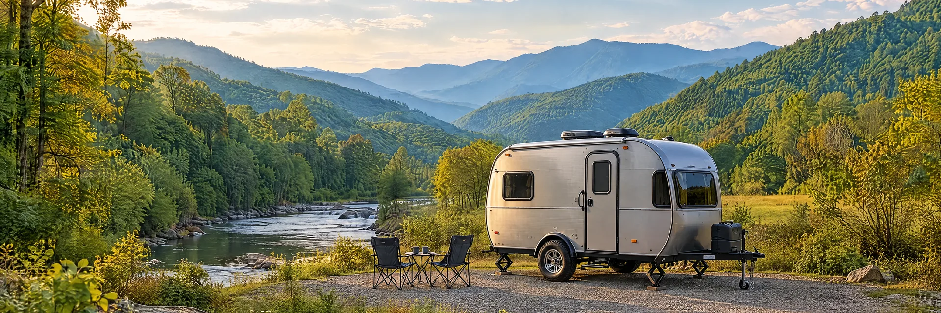Illustration of a silver compact single-axle travel trailer with visible hitch and stabilizers at a fictional camping setting inspired by Bryson City, NC.