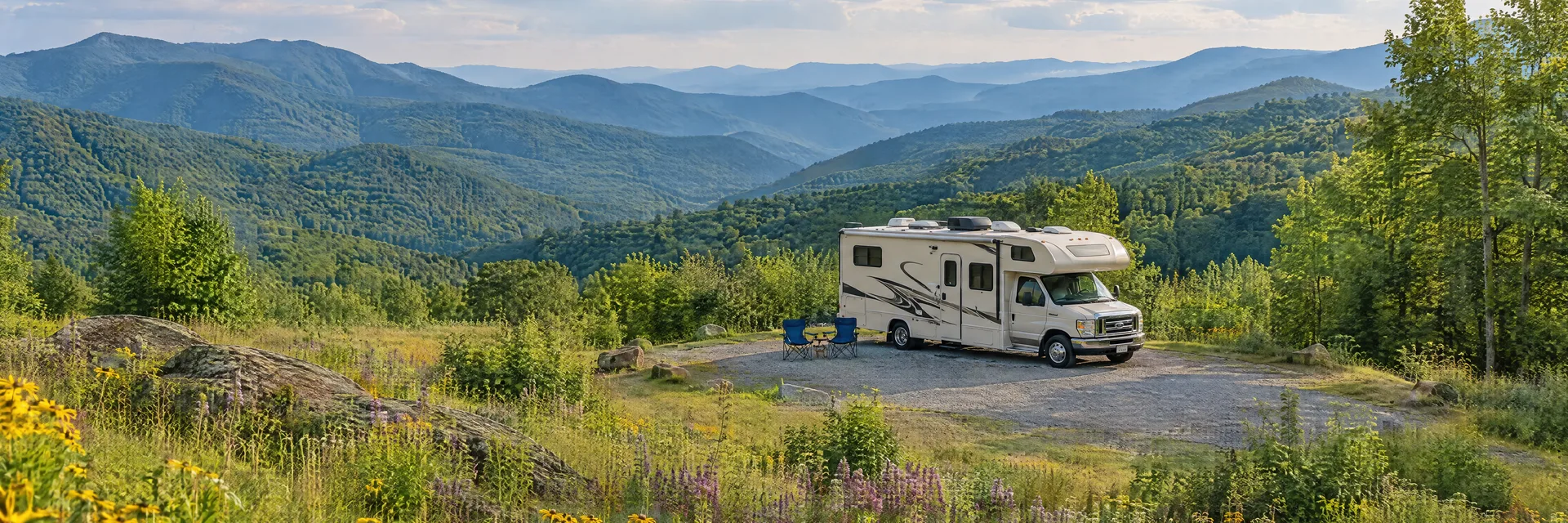 Illustration of a Class C motorhome at a fictional camping setting inspired by Burnsville, NC.