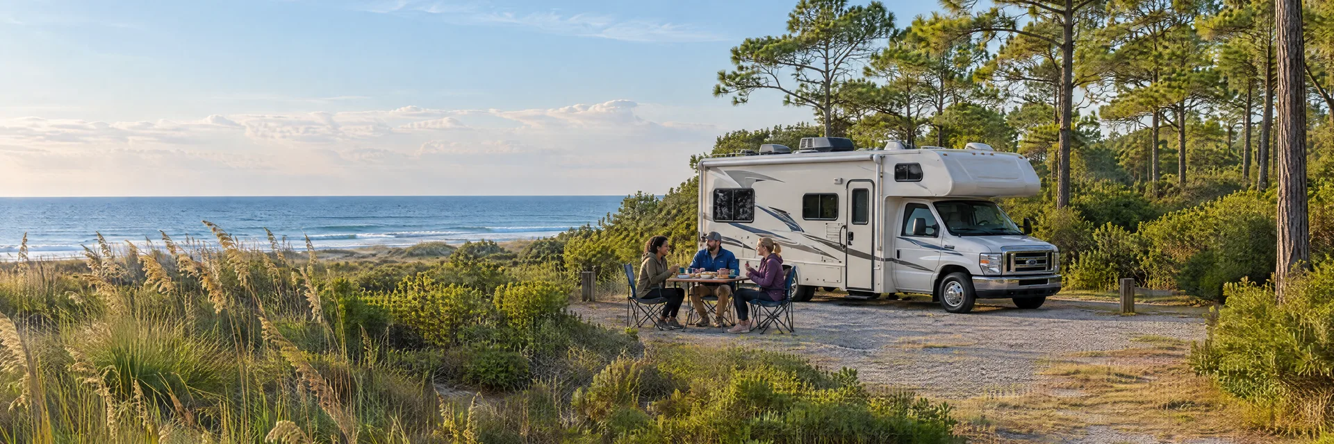 Illustration of campers enjoying an outdoor meal beside a Class C motorhome in a fictional camping setting inspired by Carolina Beach, NC.