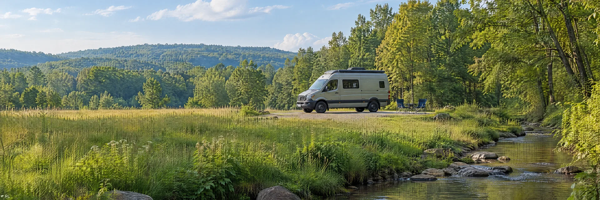 Illustration of a camper van at a fictional camping setting inspired by Chapel Hill, NC.