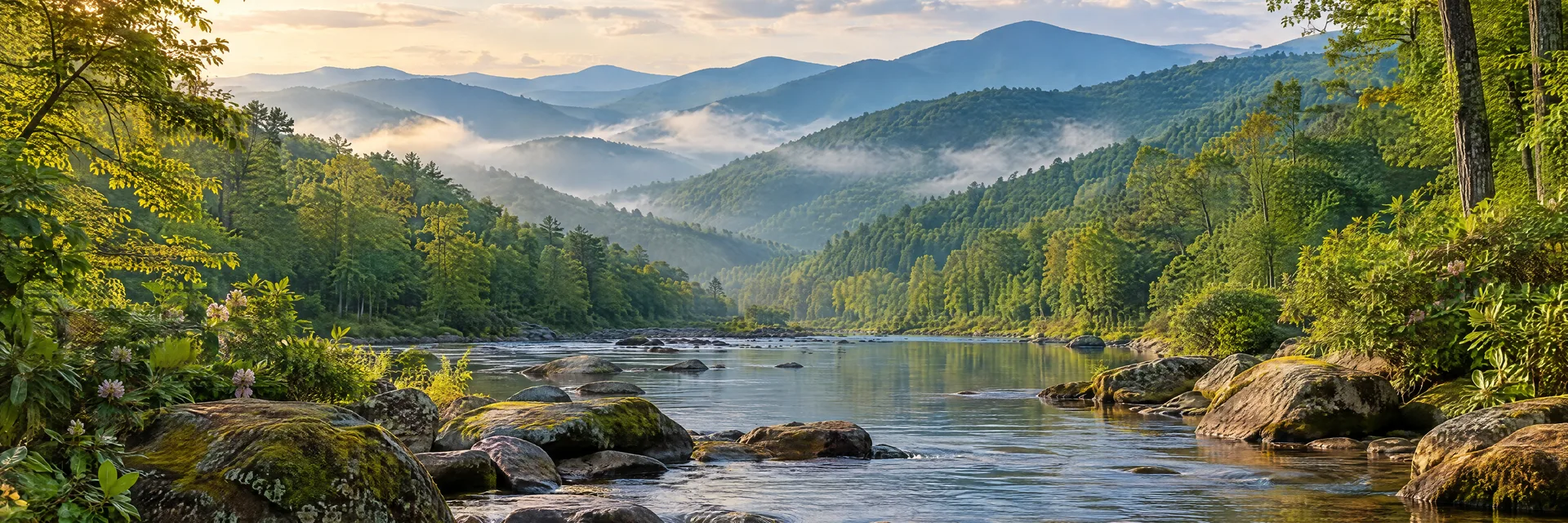 Illustration inspired by Cherokee, NC: smoky Mountain stream bordered by hardwood forest and misty ridges.