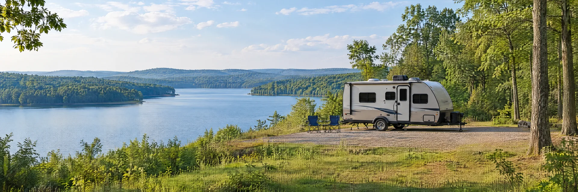 Illustration of a compact travel trailer at a fictional camping setting inspired by Durham, NC.