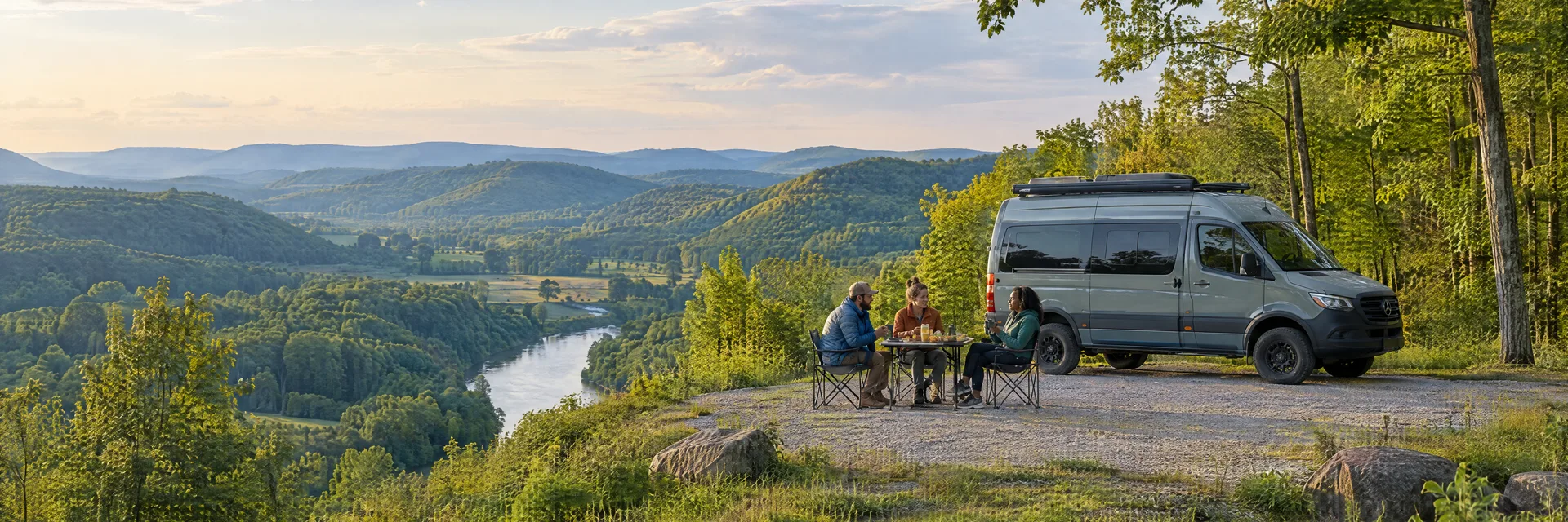 Illustration of campers enjoying an outdoor meal beside a camper van in a fictional camping setting inspired by Elkin, NC.