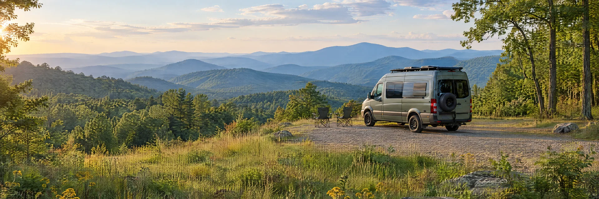Illustration of a camper van at a fictional camping setting inspired by Flat Rock, NC.