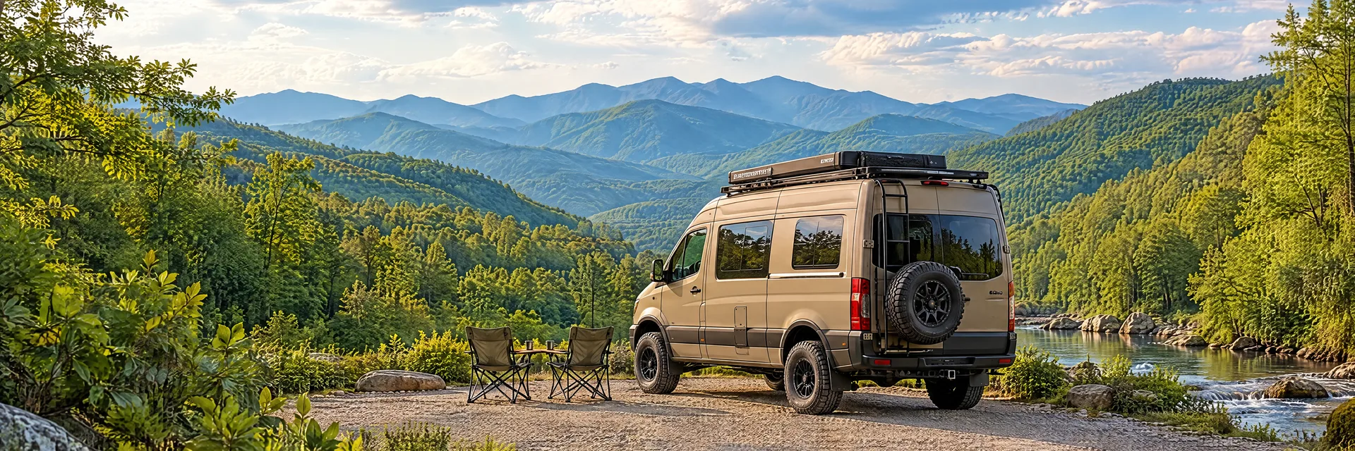 Illustration of a sand-colored rugged campervan at a fictional camping setting inspired by Franklin, NC.