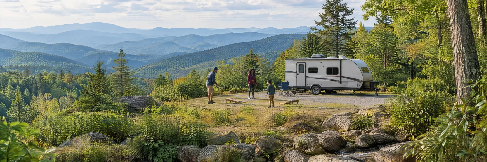 Illustration of campers enjoying family campsite activities beside a compact travel trailer in a fictional camping setting inspired by Highlands, NC.