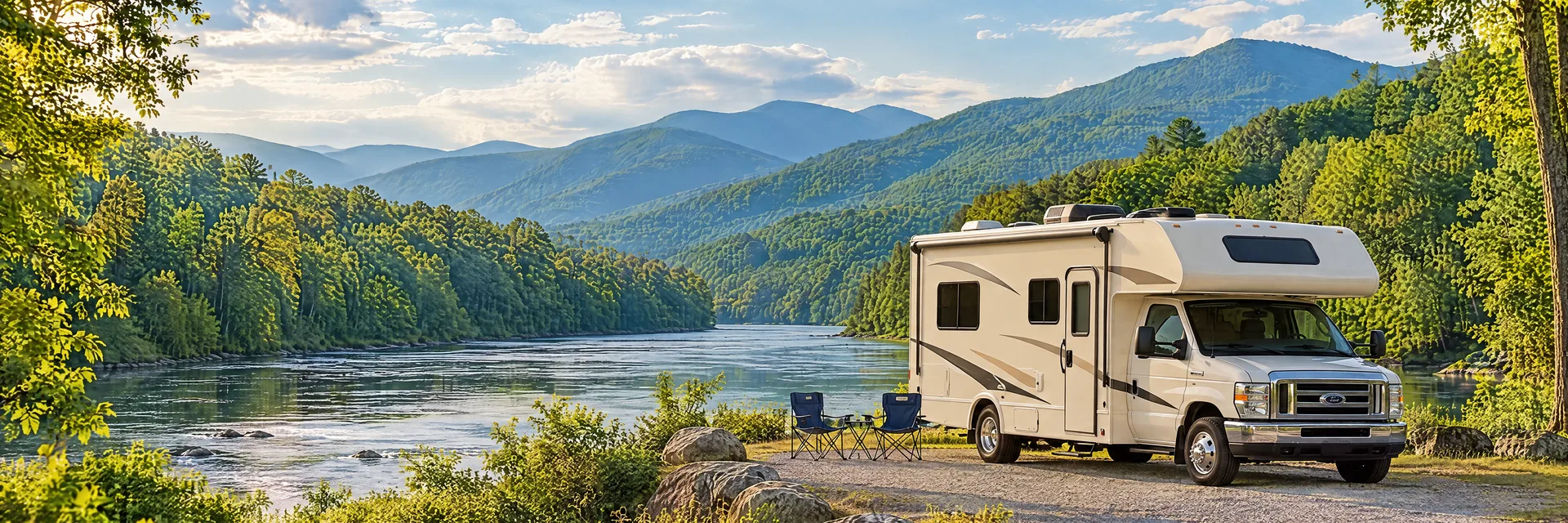 Illustration of a cream Class C motorhome with a modest overcab bunk at a fictional camping setting inspired by Hot Springs, NC.