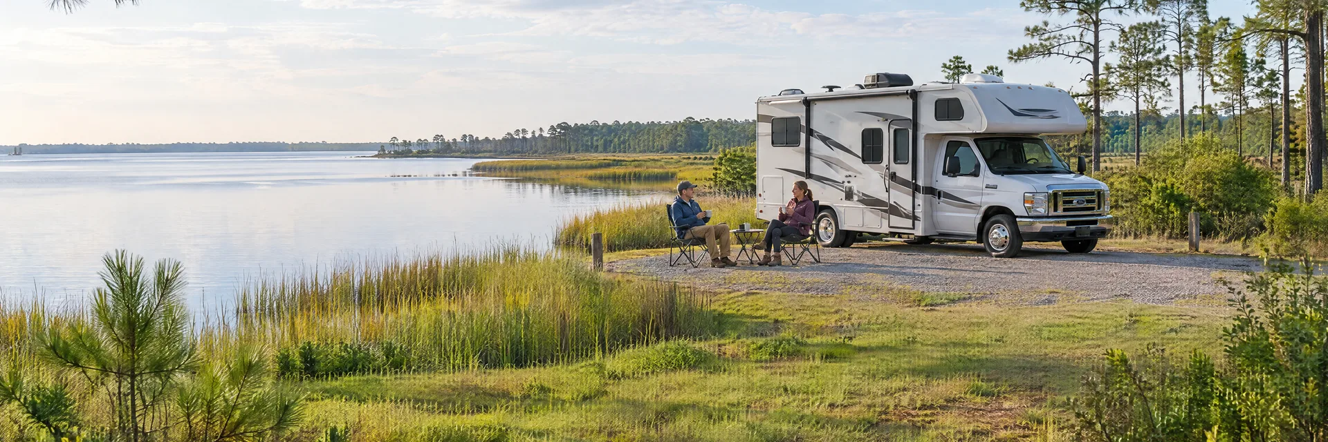Illustration of campers enjoying morning coffee beside a Class C motorhome in a fictional camping setting inspired by Jacksonville, NC.