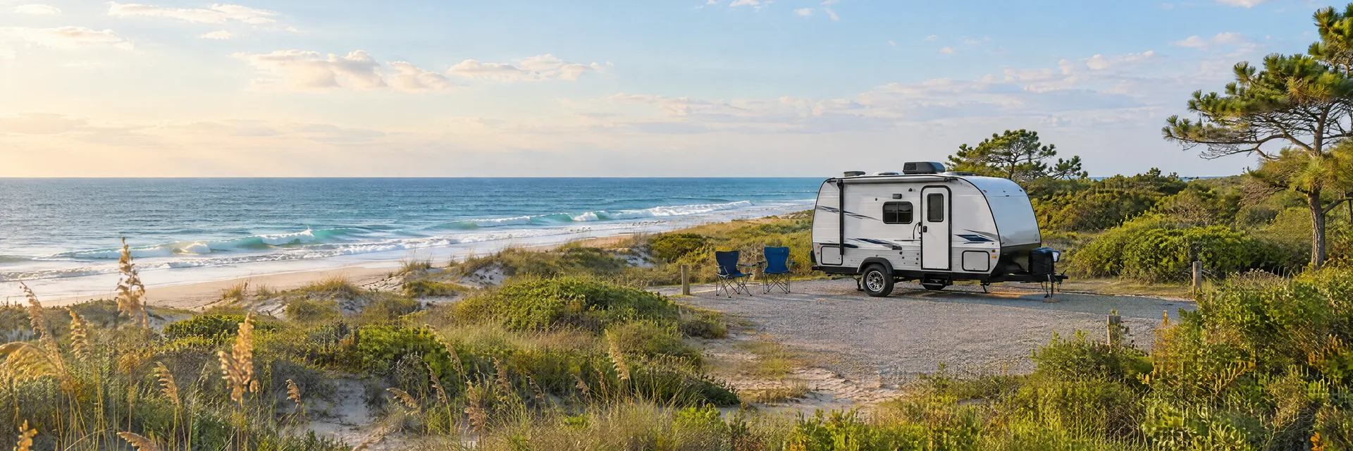 Illustration of a compact travel trailer at a fictional camping setting inspired by Kure Beach, NC.