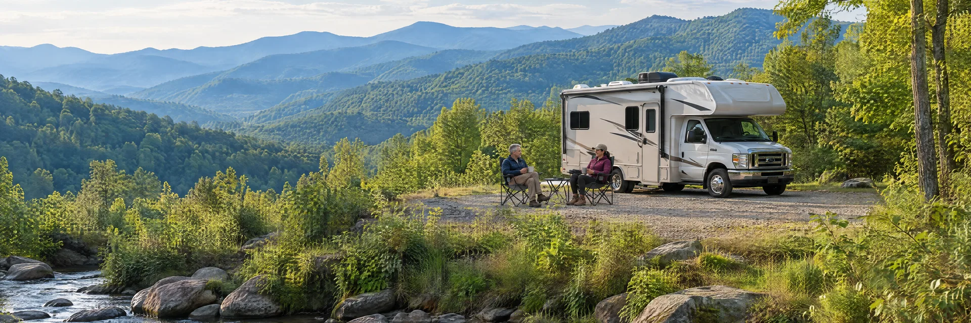 Illustration of campers enjoying morning coffee beside a Class C motorhome in a fictional camping setting inspired by Maggie Valley, NC.