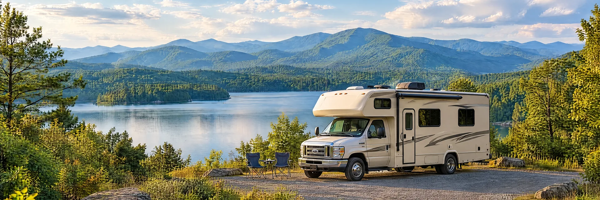 Illustration of a cream Class C motorhome with a modest overcab bunk at a fictional camping setting inspired by Marion, NC.