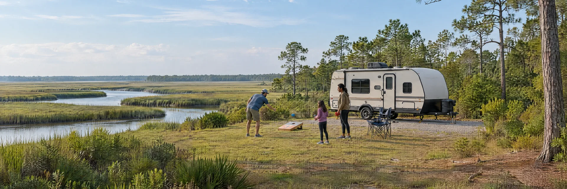 Illustration of campers enjoying family campsite activities beside a compact travel trailer in a fictional camping setting inspired by Merritt, NC.