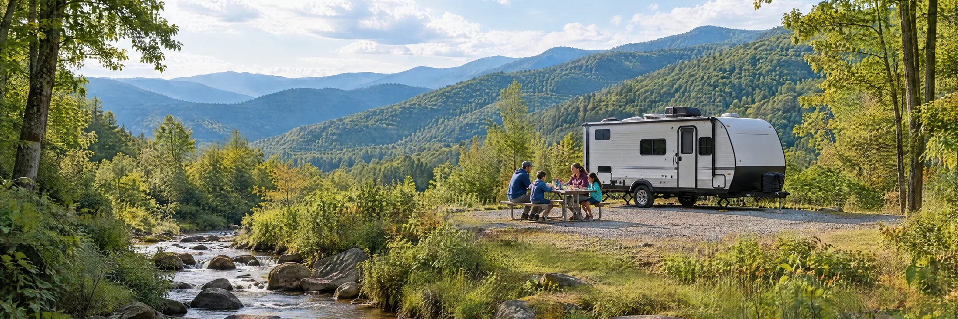 Illustration of campers enjoying a family picnic beside a compact travel trailer in a fictional camping setting inspired by Millers Creek, NC.