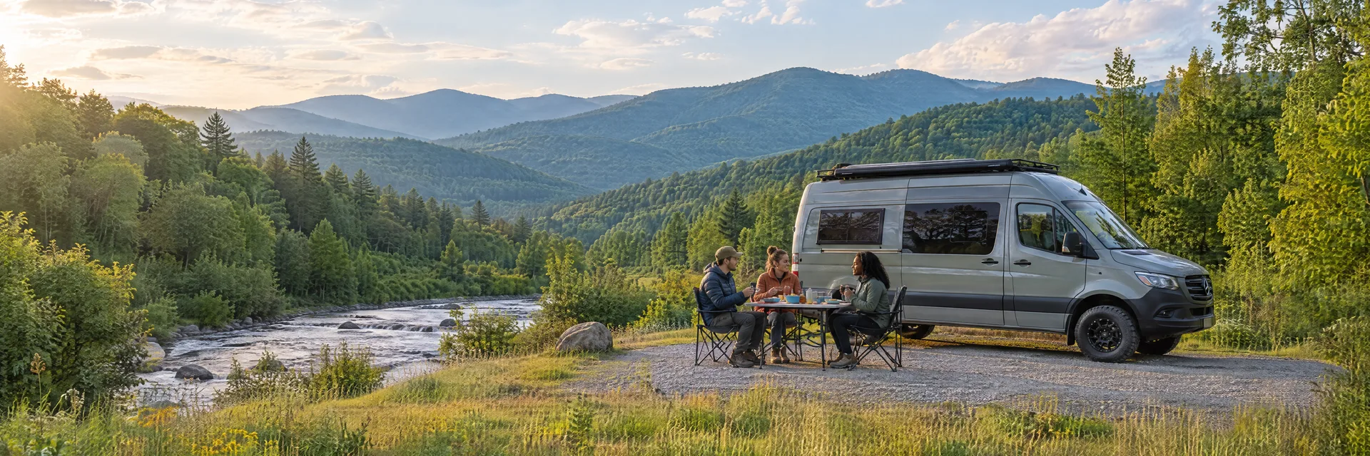 Illustration of campers enjoying an outdoor meal beside a camper van in a fictional camping setting inspired by Mills River, NC.