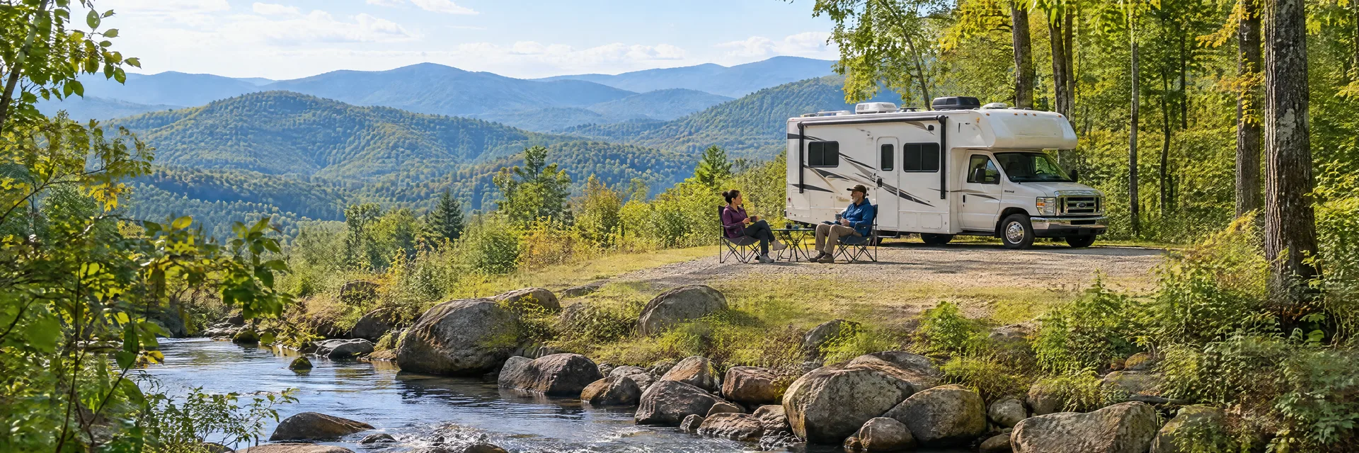 Illustration of campers enjoying morning coffee beside a Class C motorhome in a fictional camping setting inspired by Moravian Falls, NC.