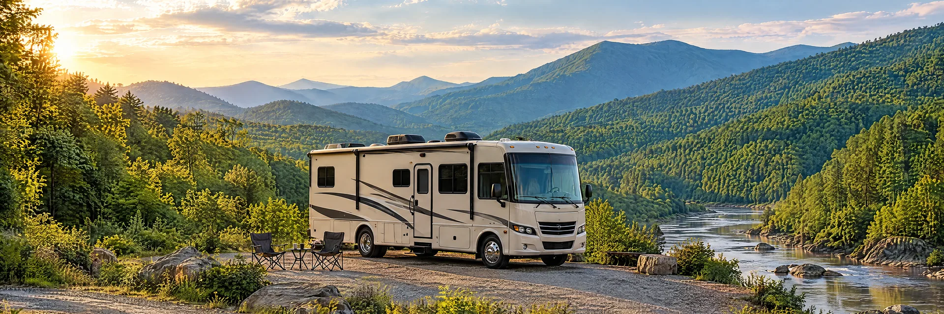 Illustration of a cream Class A motorhome with restrained charcoal trim at a fictional camping setting inspired by Murphy, NC.
