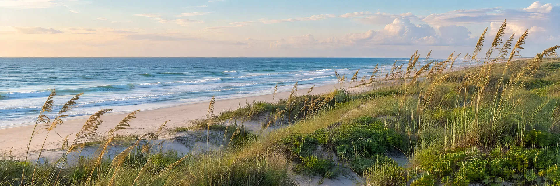 Illustration inspired by Oak Island, NC: atlantic barrier island dunes, sea oats and gentle blue surf.