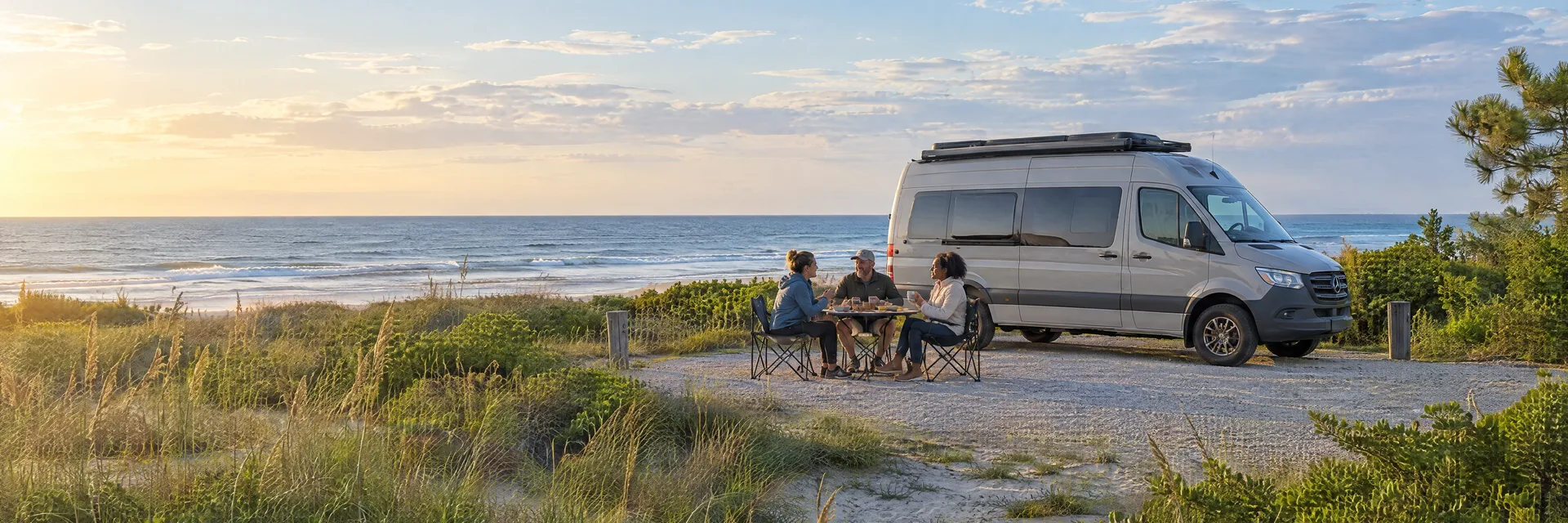 Illustration of campers enjoying an outdoor meal beside a camper van in a fictional camping setting inspired by Ocean Isle Beach, NC.