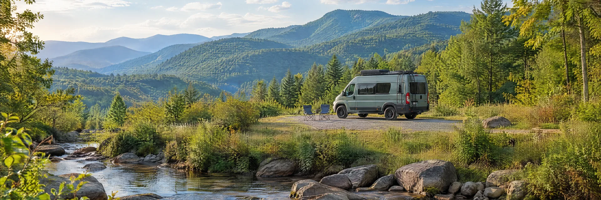 Illustration of a camper van at a fictional camping setting inspired by Old Fort, NC.