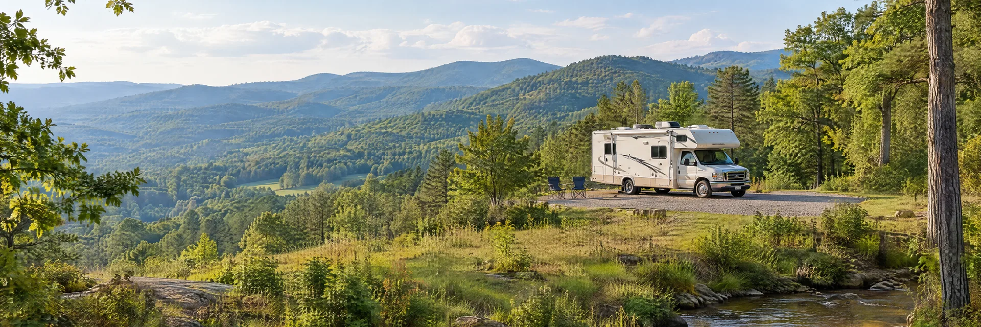 Illustration of a Class C motorhome at a fictional camping setting inspired by Pinnacle, NC.