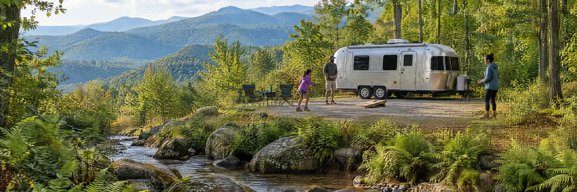 Illustration of campers enjoying family campsite activities beside a rounded silver travel trailer in a fictional camping setting inspired by Pisgah Forest, NC.