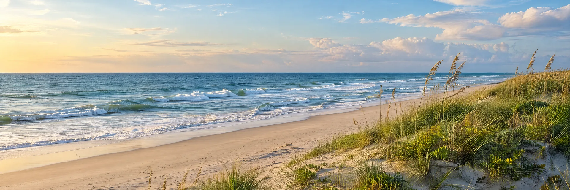 Illustration inspired by Rodanthe, NC: north Carolina Outer Banks region, broad sandy beach, low grassy dunes and gentle Atlantic surf beneath a spacious sky.