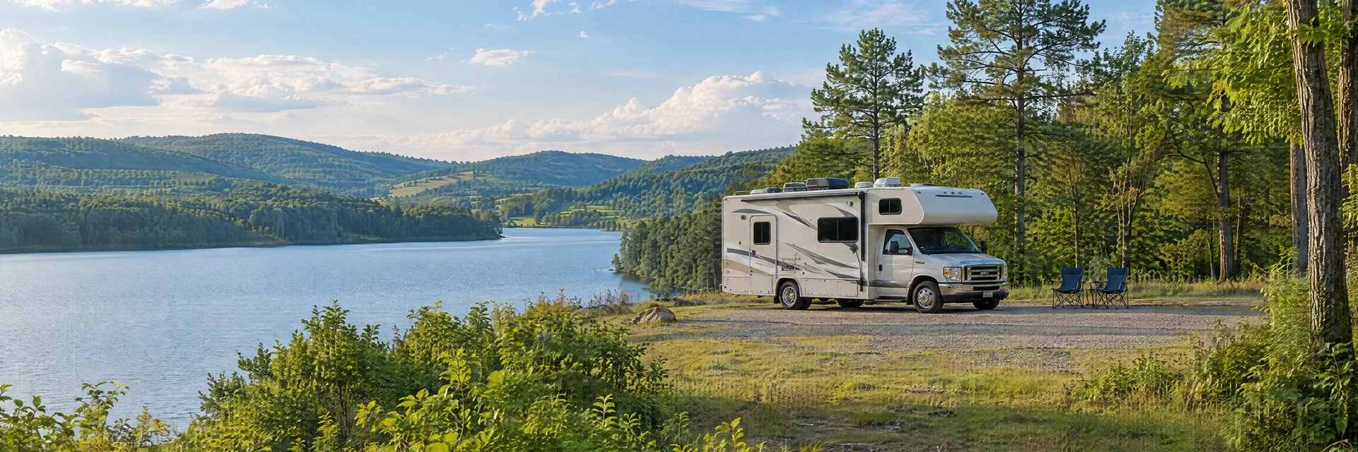 Illustration of a Class C motorhome at a fictional camping setting inspired by Salisbury, NC.