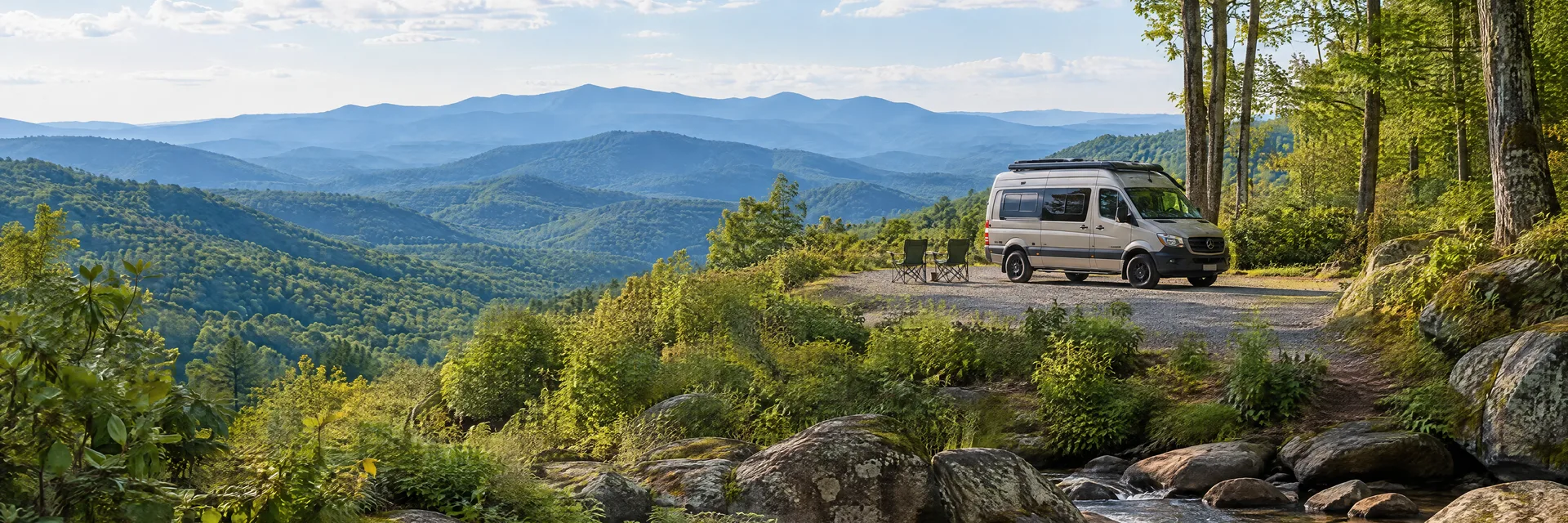 Illustration of a camper van at a fictional camping setting inspired by Saluda, NC.
