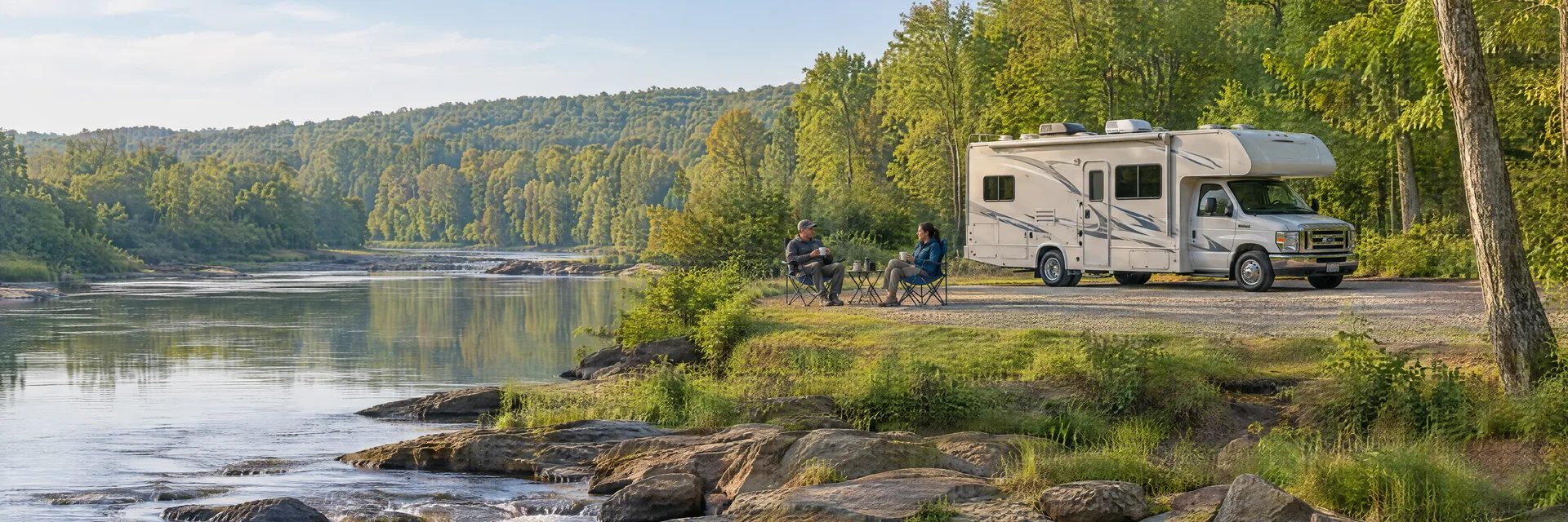 Illustration of campers enjoying morning coffee beside a Class C motorhome in a fictional camping setting inspired by Saxapahaw, NC.
