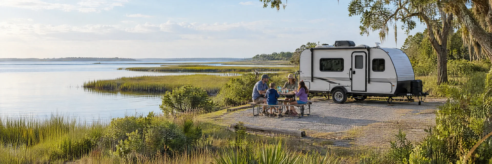 Illustration of campers enjoying a family picnic beside a compact travel trailer in a fictional camping setting inspired by Southport, NC.